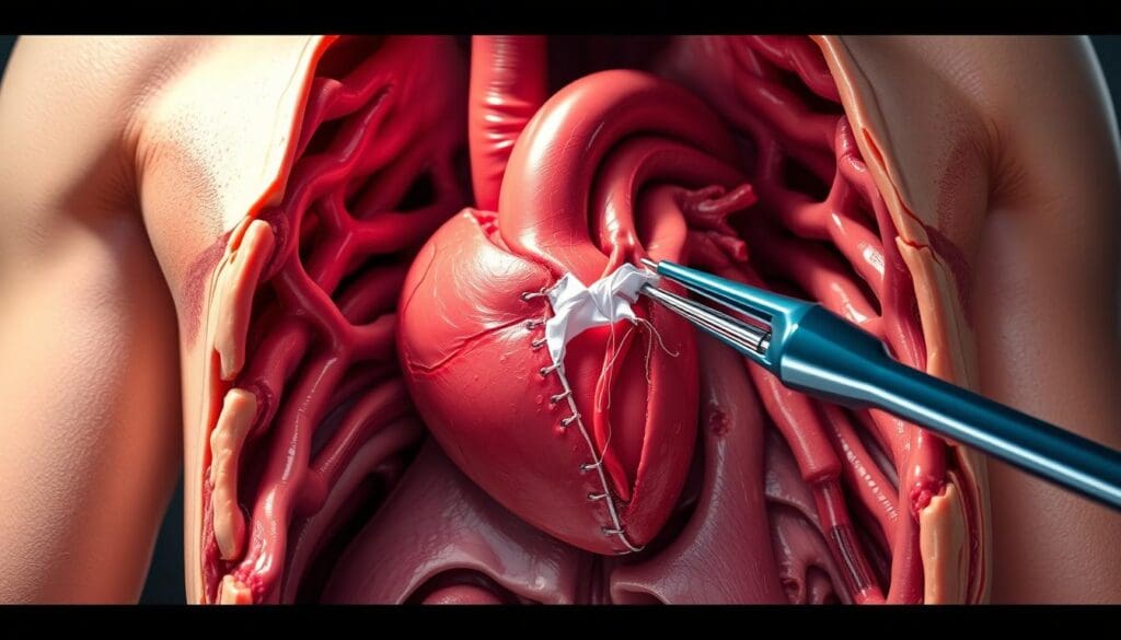 A detailed cross-section view of the Bentall procedure for aortic root replacement surgery. The scene depicts the patient's opened chest cavity, revealing the heart, aorta, and surrounding tissues. The aortic root is replaced with a synthetic graft, which is carefully sutured into place. The lighting is soft and naturalistic, emphasizing the delicate surgical techniques. The camera angle provides a clear, unobstructed view of the intricate procedure, allowing the viewer to appreciate the complexity of the operation. The overall mood is one of precision, care, and medical expertise.