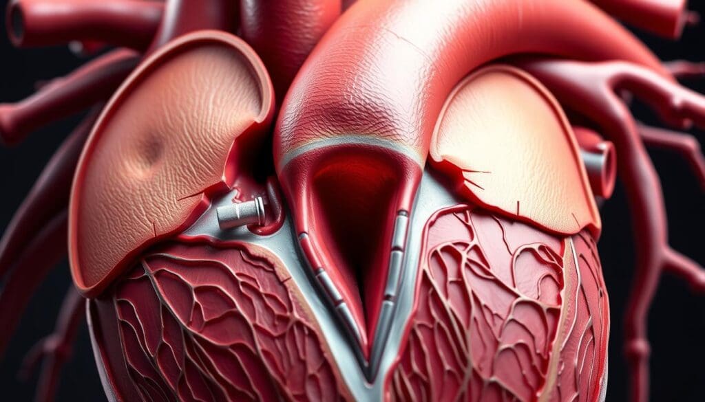 A detailed cross-section view of the human heart, focused on the aortic valve. The aortic valve is prominently featured, showcasing the narrowed opening characteristic of aortic stenosis. The surrounding cardiac anatomy, including the aorta, left ventricle, and other valves, is clearly visible, providing context. The image has a clinical, medical illustration style, with realistic textures and lighting to convey the seriousness of the condition. The overall tone is informative and educational, suitable for an article on the symptoms and nature of aortic stenosis.