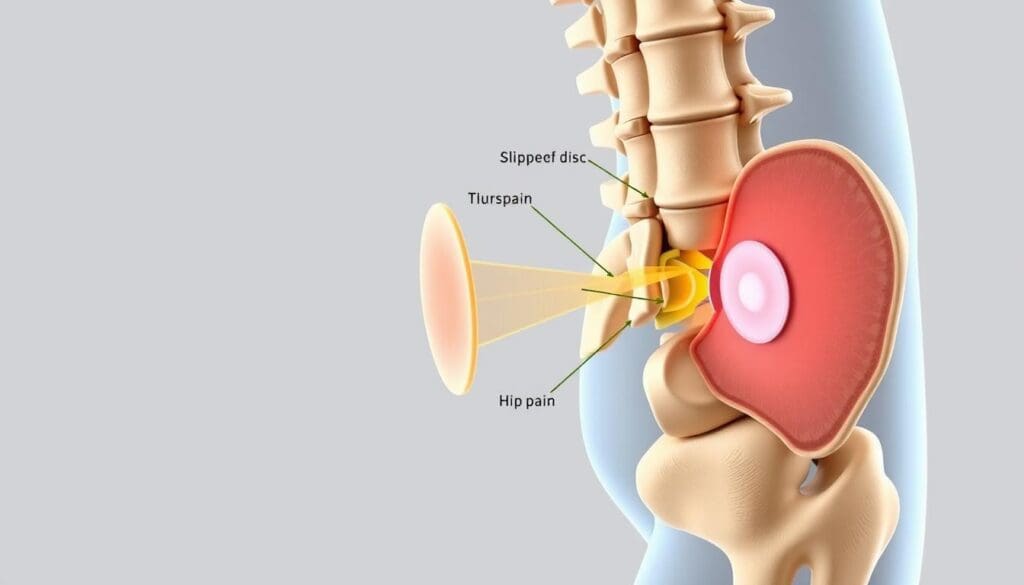 A detailed cross-sectional anatomical illustration of a slipped or bulging disc in the lower spine, causing compression on the sciatic nerve and resulting in radiating hip and leg pain. The image should feature a clear and labeled view of the affected spinal vertebrae, disc, and surrounding musculature and nerves. The lighting should be soft and natural, with a slightly muted color palette to convey a medical, educational tone. The angle should be slightly angled from the side to provide maximum visibility of the relevant structures. The overall mood should be clear, informative, and designed to effectively communicate the medical connection between a spinal disc issue and resulting hip pain.