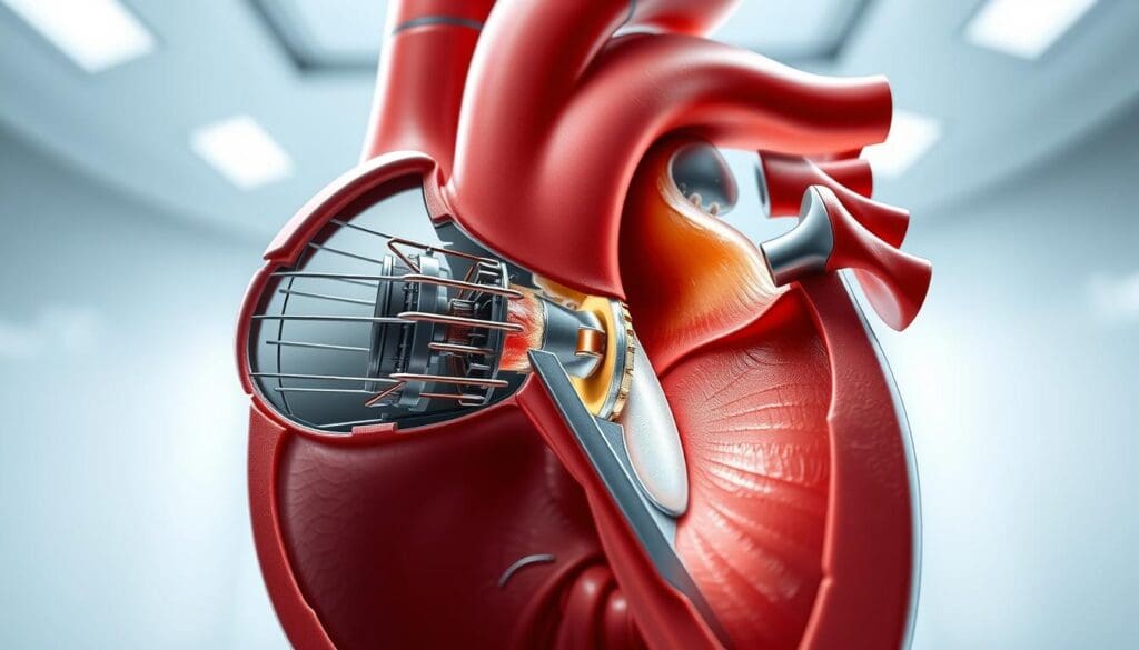 A detailed, cross-sectional diagram of a human heart valve replacement technology, showcasing its intricate mechanical and biological components. The foreground depicts the replacement valve itself, with its intricate metal struts and delicate tissue leaflets. The middle ground reveals the surgical implantation procedure, with the valve precisely positioned within the heart's native structure. The background features a clean, sterile medical environment, bathed in soft, directional lighting that highlights the precision engineering and advanced medical techniques involved. Conveying a sense of technical sophistication and life-saving innovation, this image aims to educate and inform readers about the latest advancements in heart valve replacement therapies.