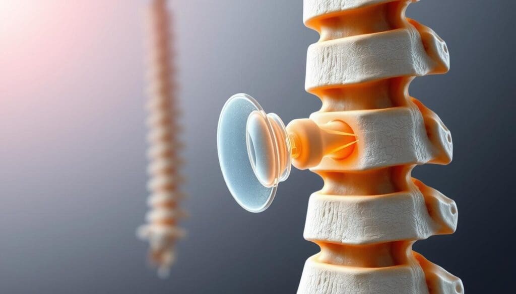A detailed cross-sectional illustration depicting a spinal disc injury. In the foreground, a photorealistic rendered spinal column with a herniated or bulging disc pressing against the surrounding nerves, causing compression. The disc is shown with a subtle glow, highlighting its pathological state. The middle ground features the surrounding vertebrae and spinal anatomy in intricate detail, showcasing the complex interplay of structures. The background is softly blurred, maintaining focus on the central injury. The lighting is diffused and natural, creating depth and dimensionality. The overall mood is one of clinical precision, emphasizing the technical nature of the subject matter.