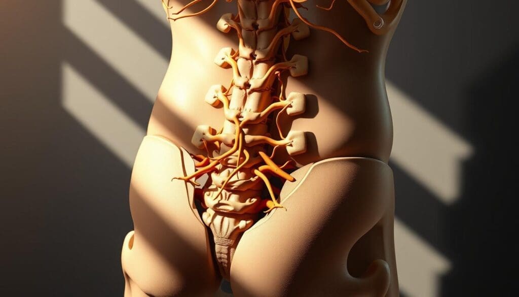 A detailed cross-sectional illustration of nerve compression in the lower back, with a focus on the spinal cord, nerve roots, and surrounding vertebrae. The scene is lit from an angle, casting dramatic shadows to enhance the anatomical details. The image has a clinical and informative tone, suitable for medical or educational use. The perspective is slightly elevated to provide a clear view of the affected area, allowing viewers to understand the mechanics of nerve impingement. The overall aesthetic is realistic and scientifically accurate, conveying the complexity of the condition in a visually compelling manner.