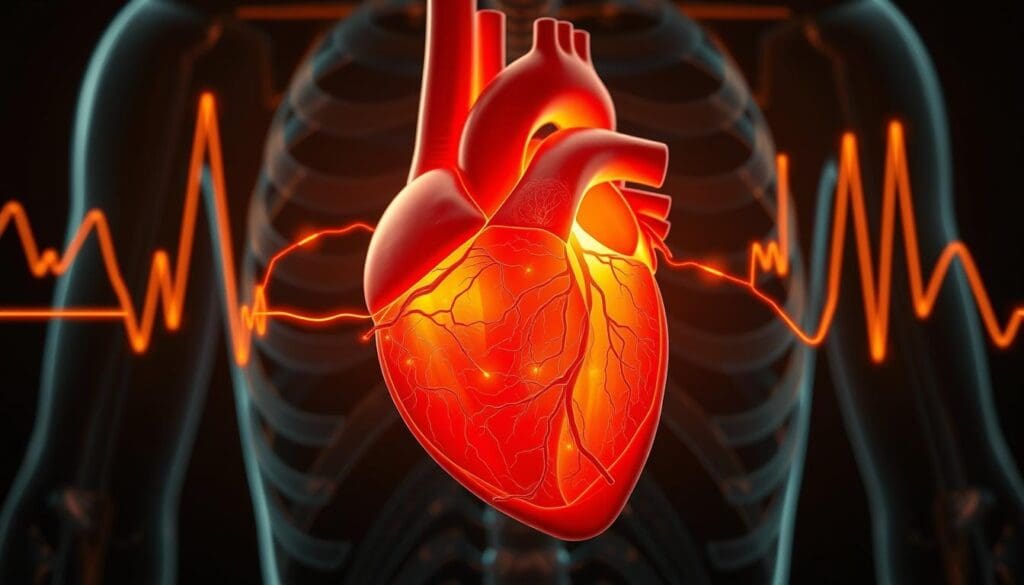 A detailed cross-sectional illustration of the human heart's electrical system, rendered in a realistic anatomical style. The foreground depicts the heart's intricate network of pacemaker cells, conduction pathways, and specialized cardiac muscle fibers, all illuminated by a soft, warm light. The middle ground showcases the heart's chambers and valves, with the atria and ventricles clearly defined. In the background, a faint outline of the thoracic cavity and rib cage provides context and scale. The overall atmosphere is one of scientific precision and medical inquiry, inviting the viewer to explore the physiological basis of heart palpitations.
