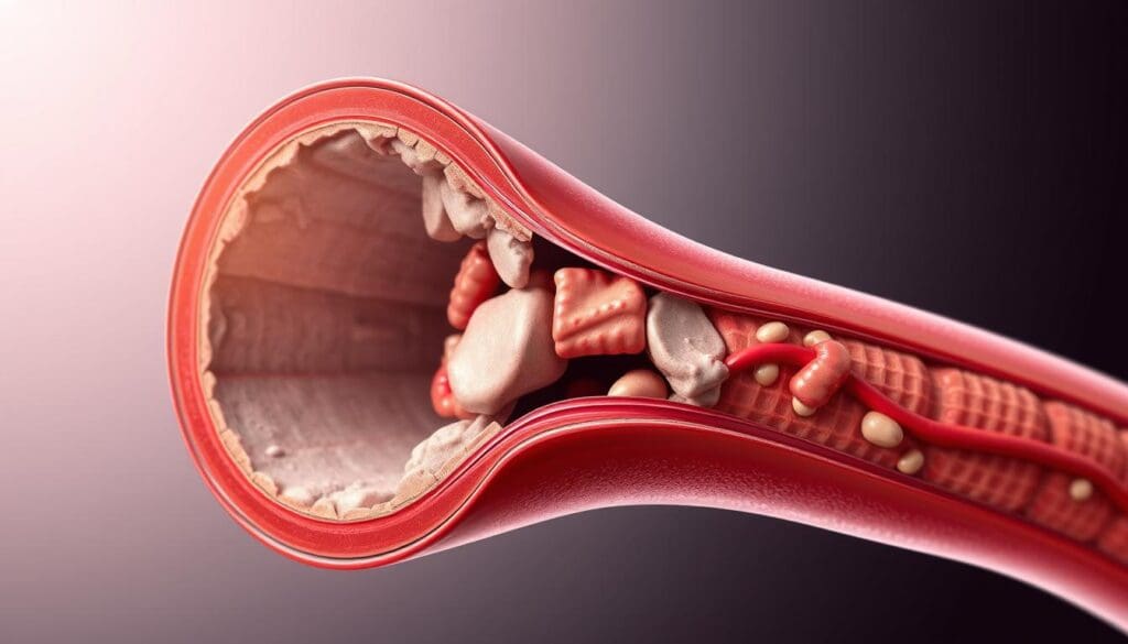 A detailed cross-sectional view of an artery affected by atherosclerosis, depicting the buildup of plaque and its impact on blood flow. The image should showcase the progressive narrowing of the arterial lumen, with a clear delineation of the intima, media, and adventitia layers. Emphasize the accumulation of lipids, cholesterol, and inflammatory cells within the arterial wall, causing the characteristic thickening and loss of elasticity. Use a realistic, high-resolution medical illustration style with a focus on anatomical accuracy and detail, while maintaining a neutral, educational tone. Incorporate subtle lighting and shading to enhance the depth and realism of the image, conveying the silent, insidious nature of this vascular disease.