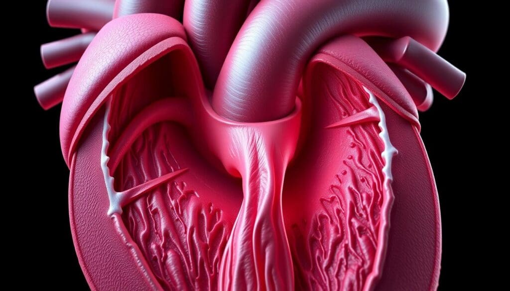 A detailed cross-sectional view of the aortic valve, capturing its intricate structure and function. The valve's three cusps should be prominently displayed, showcasing their synchronized opening and closing during the cardiac cycle. Precise anatomical details, including the aortic sinuses and the ascending aorta, should be rendered with photorealistic clarity. The image should convey a sense of depth and dimensionality, using soft, diffused lighting to highlight the valve's delicate yet critical role in regulating blood flow from the heart to the body. The overall mood should be one of scientific precision and medical significance, reflecting the importance of understanding aortic valve stenosis and its impact on cardiovascular health.