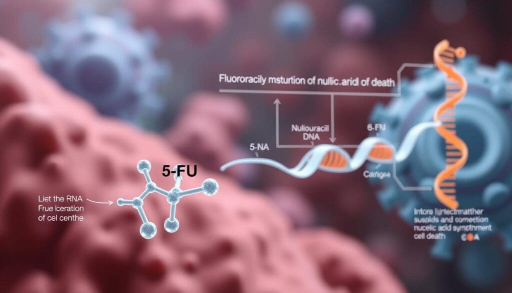 A detailed diagram of the molecular mechanism of action of 5-Fluorouracil (5-FU), the foundational chemotherapy drug for treating bowel cancer. The image should depict the key steps in the metabolic pathway of 5-FU, including its incorporation into RNA and DNA, leading to disruption of nucleic acid synthesis and subsequent cell death. Render the scene with a clean, scientific aesthetic using realistic photographic quality. Showcase the 5-FU molecule structure in the foreground, surrounded by its biochemical interactions within the cellular environment in the middle ground. Provide a sense of depth and scale in the background, suggesting the broader context of cancer cell biology. Convey an informative, educational tone through precise attention to technical detail and visual clarity.