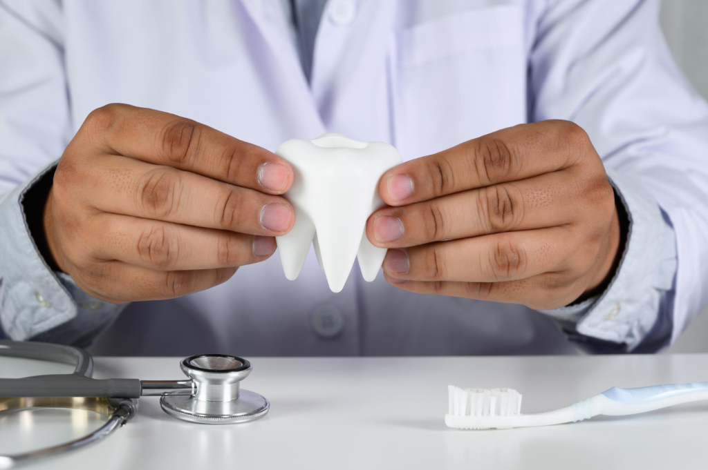 A detailed, high-resolution 3D render of a dental bone graft procedure, showcasing the structure and placement of the grafting material within the patient's gums. The foreground depicts the grafted area with a partially transparent view, revealing the intricate lattice-like structure of the bone substitute. The middle ground highlights the surgical site, with the gum tissue gently peeled back to expose the underlying jaw bone. The background features a clean, sterile medical setting with minimalist clinical details, emphasizing the technical nature of the procedure. The lighting is soft and directional, casting subtle shadows that accentuate the dimensional aspects of the bone graft. The overall tone is one of scientific precision and medical professionalism, suitable for illustrating the "Understanding Bone Grafts in Gums" section of the article.
