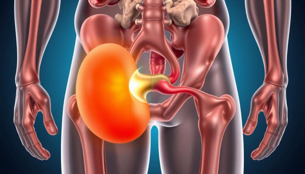 A detailed, high-resolution medical illustration showcasing the symptoms of benign prostatic hyperplasia (BPH). The image should depict the enlarged prostate gland pressing against the urethra, obstructing urine flow and causing urinary difficulties. The illustration should be rendered in a precise, anatomical style with a focus on accurately depicting the pathological changes in the prostate. The lighting should be soft and even, with a neutral color palette to emphasize the clinical nature of the subject matter. The composition should provide a clear, unobstructed view of the relevant anatomical structures, allowing the viewer to easily understand the condition and its impact.
