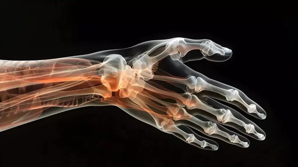 A detailed medical illustration depicting carpal tunnel syndrome. In the foreground, the wrist and hand are shown in cross-section, revealing the compressed median nerve within the carpal tunnel. The middle ground features a close-up view of the carpal bones, ligaments, and tendons, highlighting the anatomical structures involved. The background showcases a stylized, technical diagram of the human hand and wrist, with labels indicating the key components. The overall scene is rendered in a clean, clinical style with muted colors, emphasizing the medical and diagnostic nature of the subject matter. Bright, directional lighting casts subtle shadows, adding depth and dimension to the illustration.