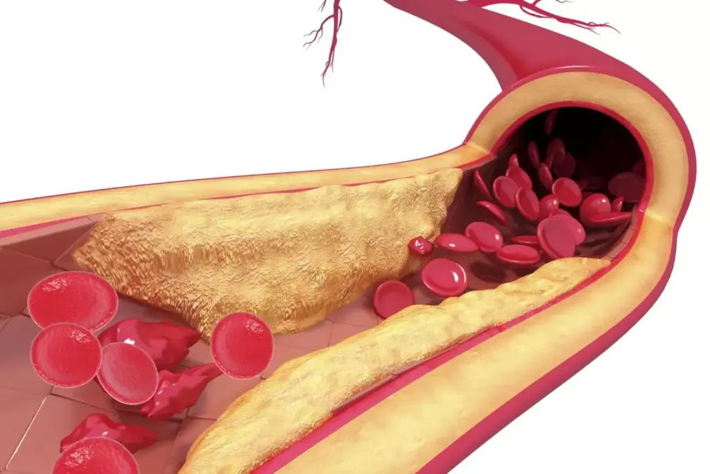 A detailed medical illustration depicting the key features of atherosclerosis diagnosis. In the foreground, a close-up cross-section of an artery reveals the buildup of plaque, narrowing the lumen and obstructing blood flow. Intricate details showcase the different layers of the arterial wall, the accumulation of cholesterol, and the inflammatory response. In the middle ground, a medical diagram overlays the artery, highlighting the stages of atherosclerosis progression. The background features a muted, clinical setting with diagnostic equipment and medical imagery, conveying the importance of early detection and intervention. Crisp, high-resolution rendering with a balanced, neutral lighting scheme to emphasize the technical and informative nature of the image.