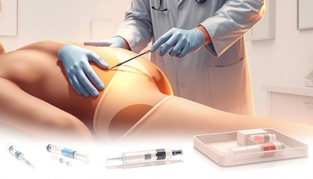 A detailed medical illustration showcasing a bone marrow biopsy procedure from the hip. In the foreground, a patient lies on an examination table, their hip area exposed. A physician, wearing sterile gloves and a lab coat, carefully inserts a specialized biopsy needle into the patient's hip bone. Soft, warm lighting illuminates the scene, creating a clinical yet reassuring atmosphere. The middle ground features various medical instruments and equipment, such as syringes, vials, and a tray with sterilized tools. In the background, a neutral, clean medical setting with white walls and minimal decor. The overall composition conveys the precise, delicate nature of the procedure while maintaining a sense of professionalism and care for the patient's well-being.
