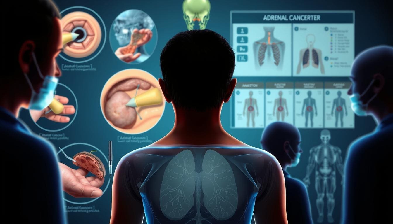 A detailed medical illustration showcasing adrenal cancer treatment options. In the foreground, depict various surgical techniques and procedures used to remove the adrenal gland or tumor. In the middle ground, illustrate different chemotherapy and radiation therapy modalities. In the background, include anatomical diagrams of the adrenal gland and its location within the body. Capture the complex and technical nature of adrenal cancer treatment with a clinical, scientific aesthetic. Use clean, precise lighting and focus to highlight the key medical details. Convey a sense of authority and expertise to align with the subject matter.