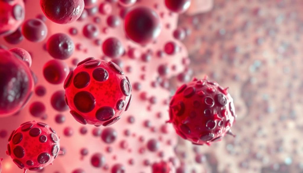 A detailed microscopic illustration depicting the characteristic features of acute myeloid leukemia (AML). The foreground showcases abnormal myeloid blast cells with irregular nuclei and hyperchromatic chromatin, contrasted against a background of normal blood cells. The middle ground reveals disrupted hematopoiesis with an abundance of immature myeloid precursors. The distant background conveys the bone marrow environment, with a subtle interplay of warm and cool tones to evoke the disease's impact on the body's vital blood and immune system functions. Rendered with a photorealistic style, high magnification, and balanced lighting to convey the medical and scientific nature of the subject.