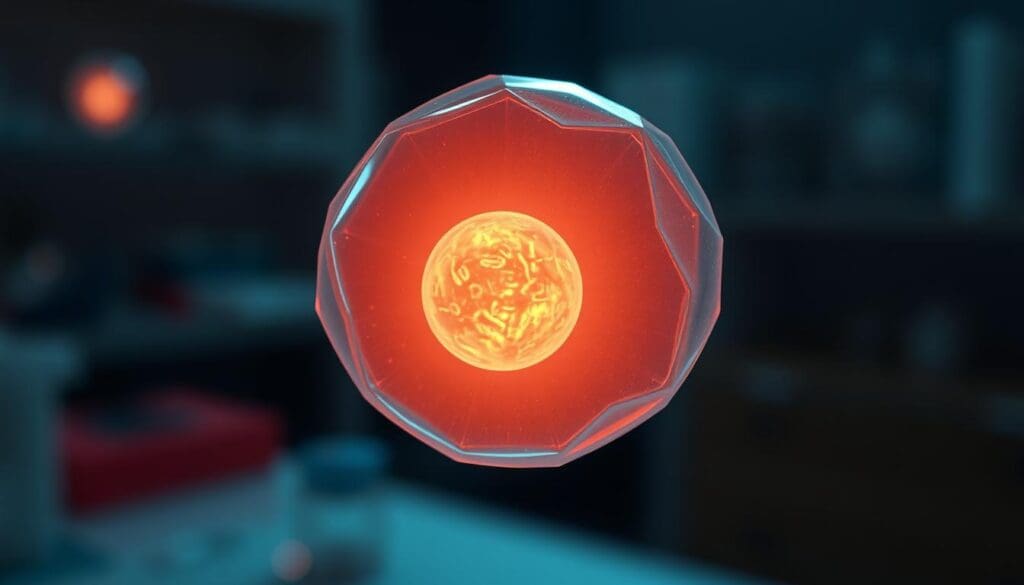 A detailed microscopic view of an embryonic stem cell, rendered with photorealistic precision. The cell's nucleus and cytoplasm are illuminated by soft, diffuse lighting, revealing its intricate internal structures. The background is a subtly blurred laboratory setting, suggesting the scientific context. The image conveys a sense of the delicate, yet powerful nature of these primordial cells and the research into their immense potential for regenerative medicine.