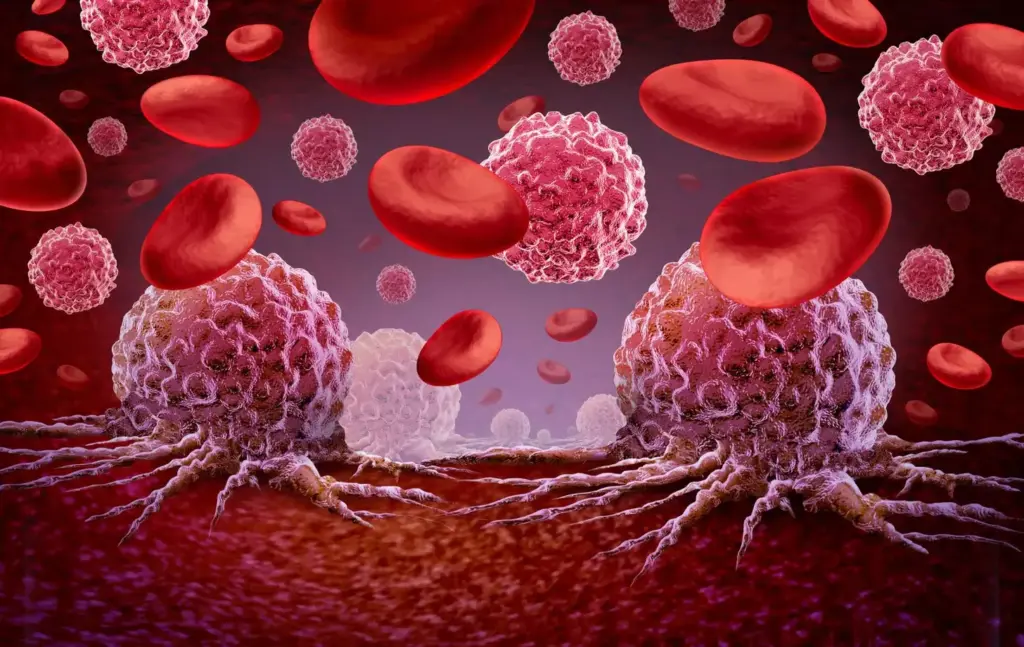 A detailed microscopic view of cancerous blood cells undergoing the effects of chemotherapy treatment. The foreground depicts a cluster of irregularly shaped, rapidly dividing leukemia cells, their nuclei glowing with an unnatural, sickly fluorescence. In the middle ground, the chemotherapeutic agent is shown as a swarm of nanoscale molecular structures, systematically disrupting the cellular division and inducing apoptosis. The background is blurred, hinting at the complex biological environment within the bloodstream. The lighting is stark and clinical, casting harsh shadows that emphasize the dramatic, almost surgical nature of the treatment. The overall tone conveys the potent, dual-edged nature of chemotherapy - its power to both destroy cancer cells and profoundly impact the body. A detailed microscopic view of cancerous blood cells undergoing the effects of chemotherapy treatment. The foreground depicts a cluster of irregularly shaped, rapidly dividing leukemia cells, their nuclei glowing with an unnatural, sickly fluorescence. In the middle ground, the chemotherapeutic agent is shown as a swarm of nanoscale molecular structures, systematically disrupting the cellular division and inducing apoptosis. The background is blurred, hinting at the complex biological environment within the bloodstream. The lighting is stark and clinical, casting harsh shadows that emphasize the dramatic, almost surgical nature of the treatment. The overall tone conveys the potent, dual-edged nature of chemotherapy - its power to both destroy cancer cells and profoundly impact the body.