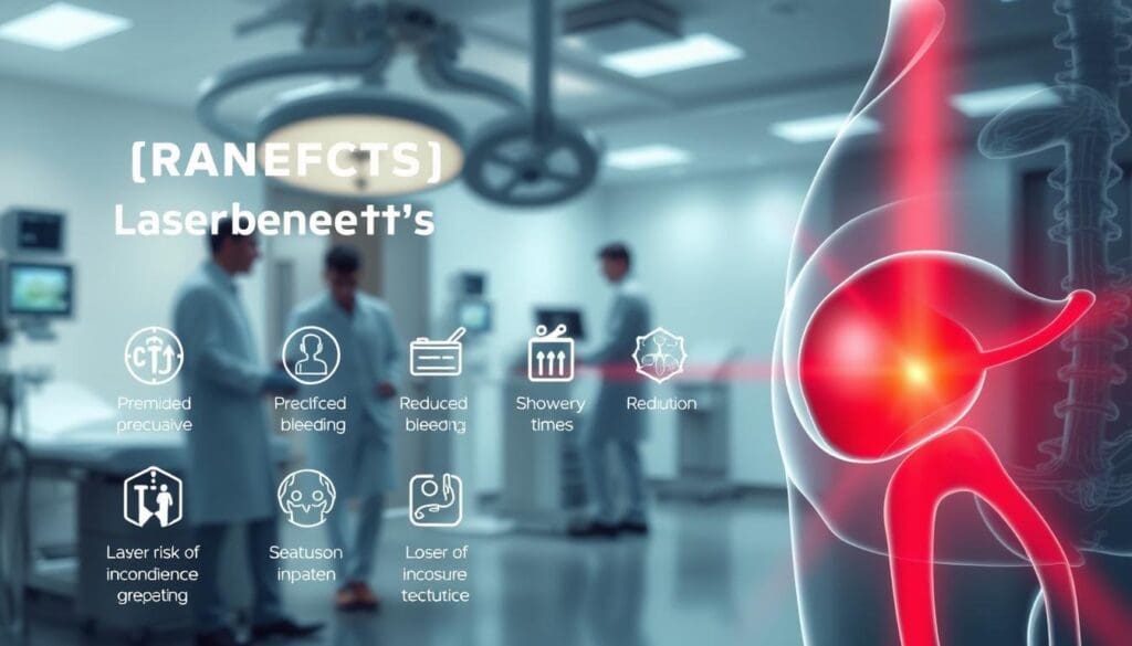 A detailed, photorealistic image showing the key benefits of laser prostate surgery. In the foreground, a clear diagram of the prostate gland with the laser procedure highlighted, showcasing the precision and minimally invasive nature of the technique. In the middle ground, a series of medical icons representing the advantages, such as reduced bleeding, shorter recovery time, and lower risk of incontinence. In the background, a serene hospital setting with medical professionals and equipment, conveying the advanced, state-of-the-art nature of the treatment. The lighting is soft and diffused, creating a calming, professional atmosphere. The overall composition emphasizes the safety, effectiveness, and patient-centric approach of laser prostate surgery.