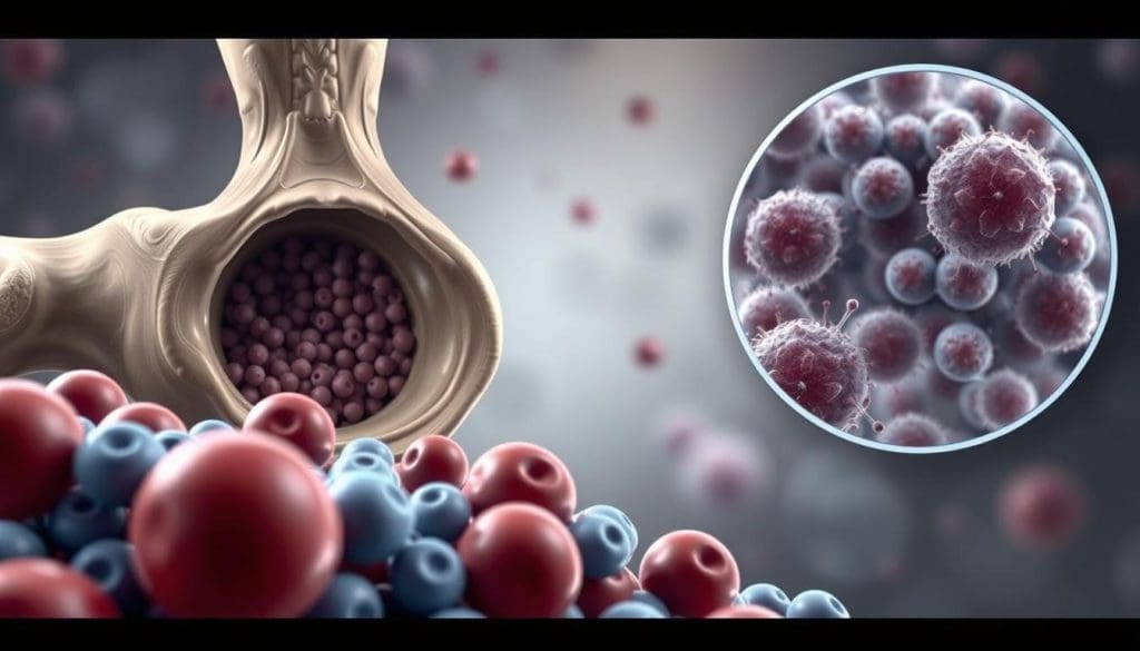 A detailed, realistic medical illustration of acute myeloid leukemia (AML). The foreground depicts abnormal, rapidly-dividing myeloid cells crowding out healthy blood cells in the bone marrow. The middle ground shows a cross-section of the bone, with the marrow cavity filled with the malignant cells. The background features a microscopic view of the individual mutant cells, with their irregular shapes and hyperactive nuclei. The lighting is soft and clinical, with a color palette of muted grays, blues, and reds to convey the seriousness of the disease. The overall mood is one of scientific study and medical understanding.
