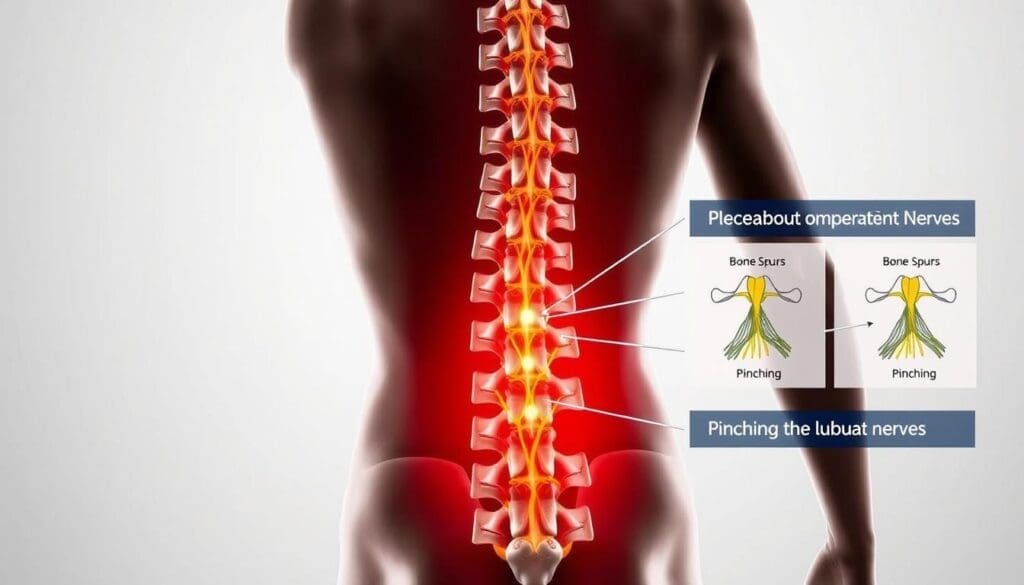 A detailed, scientifically accurate medical illustration depicting the common causes of pinched nerves in the lower back. The foreground shows the spinal column with protruding discs, bone spurs, and other anatomical structures that can compress the nerves. The middle ground features clear, labeled diagrams highlighting the key nerve pathways and the specific locations where pinching can occur. The background provides a clean, neutral environment with subtle lighting to focus attention on the medical information. The overall composition conveys a sense of clinical authority and educational clarity to effectively illustrate this common lower back condition.