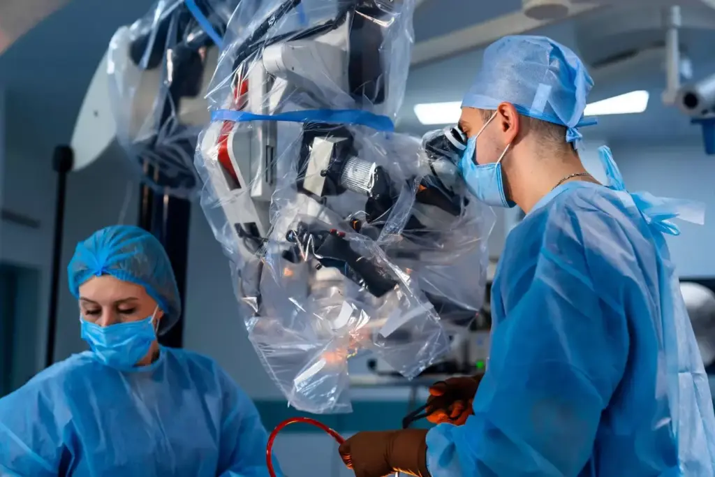 A detailed surgical scene depicting a robot-assisted radical prostatectomy (RARP) procedure. In the foreground, a robotic surgical system with multiple mechanical arms and high-precision instruments hovers over an exposed male pelvic region on an operating table, the patient's skin incisions clearly visible. The middle ground shows a team of surgeons and medical staff intently focused on the delicate operation, with advanced medical imaging displays in the background providing real-time visual feedback. Bright surgical lighting illuminates the scene, casting crisp shadows and highlighting the technical complexity of this minimally invasive procedure. An atmosphere of medical professionalism and advanced technology pervades the image.