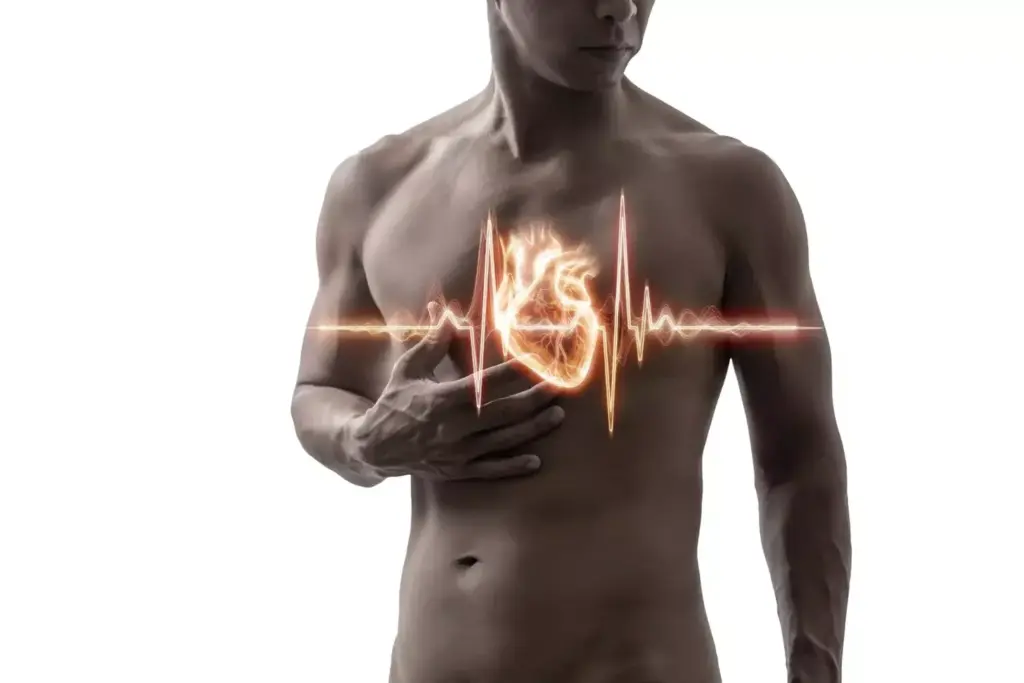 A detailed view of the heart, with a prominent atrial fibrillation pattern visible in the upper chambers. The cardiac tissue appears slightly swollen and inflamed, with an irregular, chaotic rhythm displayed through intricate electrical impulses. The heart is illuminated by a warm, golden light, casting a soft glow across the scene, emphasizing the delicate nature of the organ. The background is muted, keeping the focus on the intricate details of the atrial fibrillation within the heart. The overall atmosphere conveys a sense of medical complexity and the challenges faced by patients after cardiac surgery.