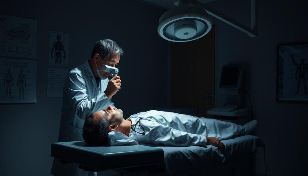 A dimly lit hospital examination room, with a patient lying on a medical table undergoing a comprehensive evaluation for acoustic neuroma. The doctor, in a white coat, is carefully examining the patient's head and ear, using a specialized instrument to inspect the inner ear. The room is filled with the soft hum of medical equipment, creating an atmosphere of clinical precision and attentive care. The walls are adorned with anatomical diagrams and medical charts, providing context for the pre-surgical assessment. Soft, directional lighting casts subtle shadows, adding depth and emphasizing the seriousness of the procedure. The overall scene conveys the gravity of the situation and the importance of thorough preparation before the upcoming acoustic neuroma surgery.
