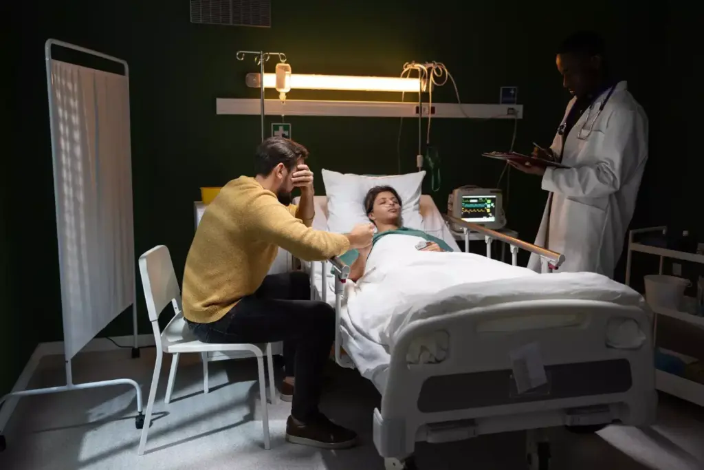 A dimly lit hospital room, the soft glow of medical equipment casting a somber atmosphere. In the foreground, a patient reclines in a comfortable chair, their arm extending outward as a clear IV line delivers the chemotherapy treatment. The medical staff, dressed in scrubs and lab coats, move with a gentle, focused precision, monitoring the process. The background is filled with the familiar sights of a medical facility - shelves of medical supplies, a wall-mounted monitor displaying vital signs, and the muted tones of beige and white that convey a sense of clinical professionalism. The scene evokes a feeling of quiet resilience, the patient's determination to overcome their illness reflected in the attentive care of the healthcare team.