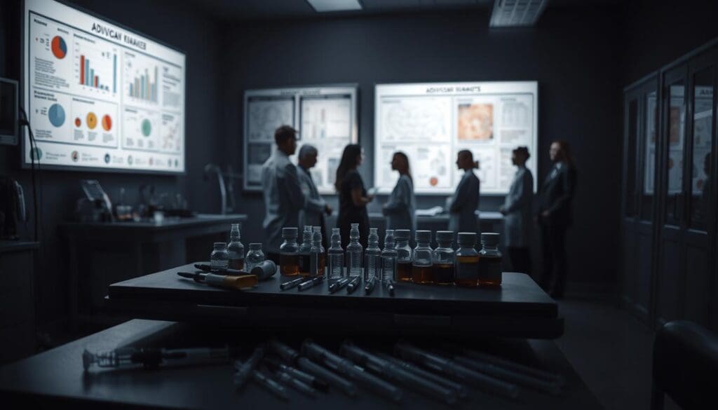A dimly lit medical research laboratory, with an examination table in the foreground. On the table, an array of medical instruments, syringes, and vials of pharmaceuticals neatly arranged, symbolizing the adjuvant treatments used in cancer therapy. In the middle ground, a team of medical professionals in white coats and scrubs, studying patient data and discussing treatment plans. The background features a wall-mounted display with detailed charts and diagrams, illuminating the scientific understanding of the adjuvant setting. Soft, directional lighting casts dramatic shadows, conveying the gravity and importance of the scene. The overall atmosphere is one of focused, professional dedication to advancing cancer treatment.