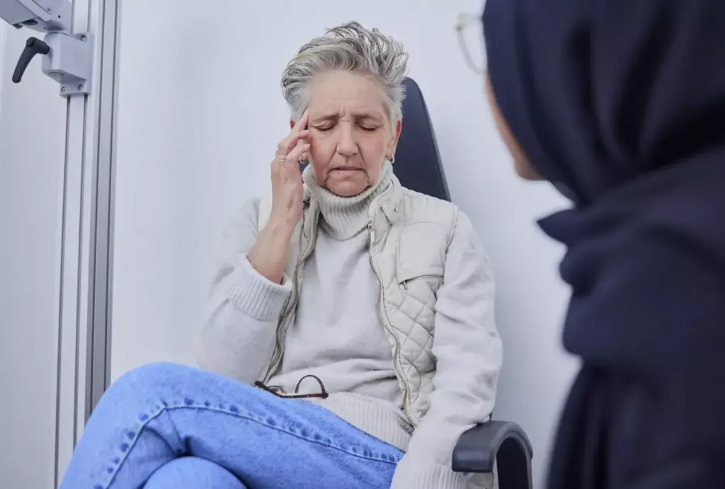 A fatigued person sitting on a chair, with a weary expression and slumped posture. The figure is depicted in a dimly lit room, with soft, muted lighting casting long shadows. The background is hazy and indistinct, with a sense of isolation and heaviness. The subject's face is drawn and pale, reflecting the physical and emotional toll of chemotherapy treatments. The overall mood is one of exhaustion, both mental and physical, conveying the reality of the chemotherapy-related fatigue experience.
