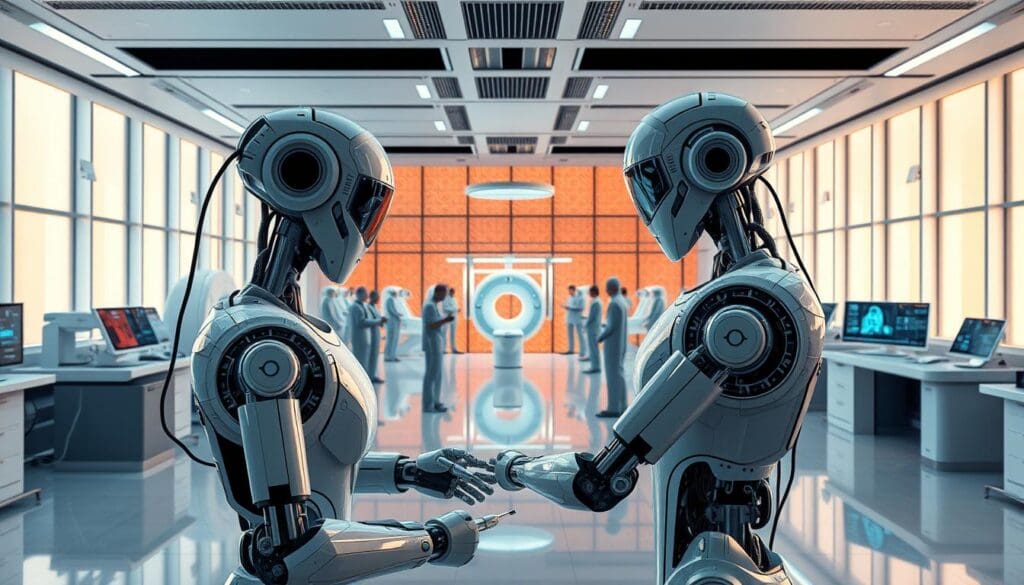 A futuristic medical laboratory with advanced robotic technology seamlessly integrated into the workflow. In the foreground, a humanoid surgical robot deftly manipulates delicate instruments, its precise movements guided by a team of highly skilled medical professionals. The middle ground showcases a range of cutting-edge diagnostic tools, including MRI scanners and 3D holographic displays, all operated by a team of technicians. In the background, a panoramic view of the facility reveals a sleek, streamlined architecture with floor-to-ceiling windows, bathing the space in warm, natural light. The overall atmosphere conveys a sense of cutting-edge innovation, where the latest advancements in robotics and medicine converge to provide exceptional patient care.