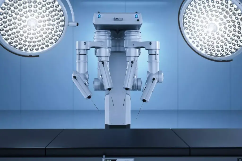 A futuristic operating room, dimly lit with surgical lamps casting warm, focused illumination on a robotic arm performing a complex prostatectomy procedure. The robotic manipulator, with its intricate mechanical joints and sensors, is delicately maneuvering through the patient's anatomy, guided by the steady hands of a skilled surgeon at the console. The scene conveys a sense of technological advancement, precision, and the evolution of minimally invasive surgical techniques for the treatment of prostate cancer.