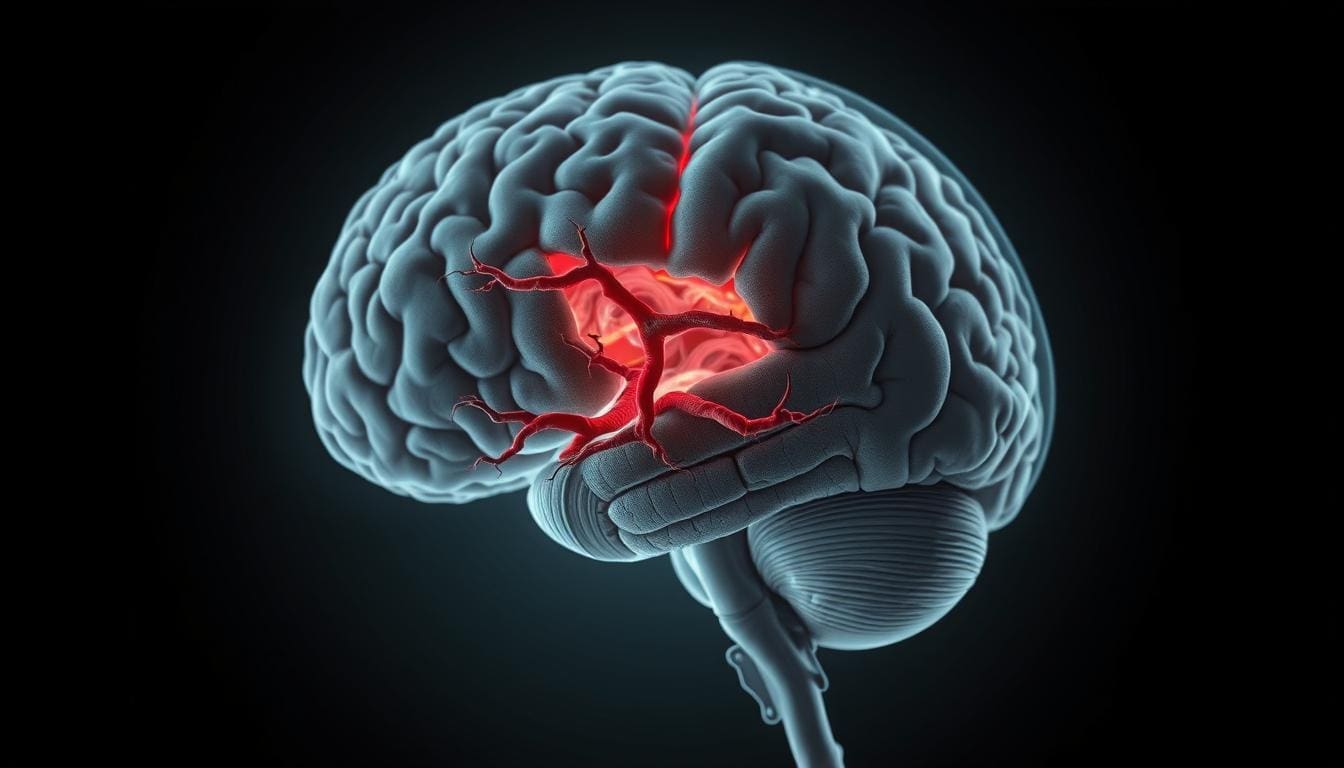 A glioblastoma, a highly aggressive and lethal brain tumor, takes center stage within a detailed anatomical illustration. The malignant growth, rendered in vivid detail, emerges from the brain's gray matter, its tendrils infiltrating the surrounding tissues. The image is bathed in a somber, subdued lighting, emphasizing the gravity and seriousness of the subject matter. A clinical, scientific perspective is conveyed through a tight, focused framing and a neutral color palette, lending an air of medical precision. The overall mood is one of solemnity and urgency, reflecting the devastating nature of this devastating form of brain cancer.