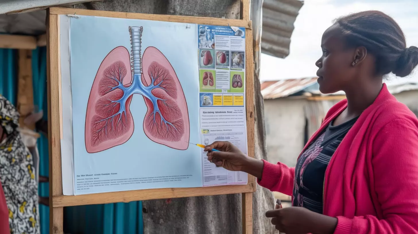 A health worker explains lung health to a community group outdoors