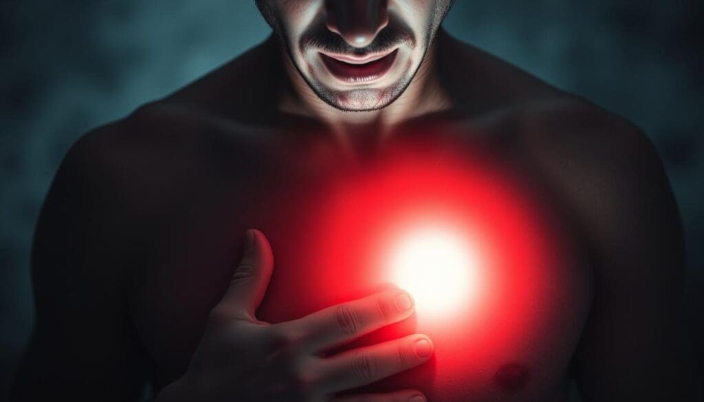 A high-contrast close-up of a person's chest, with visible rapid heartbeat pulsations and distressed facial expression. The heart area is illuminated by a bright, focused light, casting dramatic shadows that accentuate the erratic rhythm. The background is blurred and hazy, evoking a sense of unease and anxiety. The overall composition draws the viewer's attention to the visceral experience of heart palpitations, conveying the unsettling physical and emotional symptoms associated with this condition.