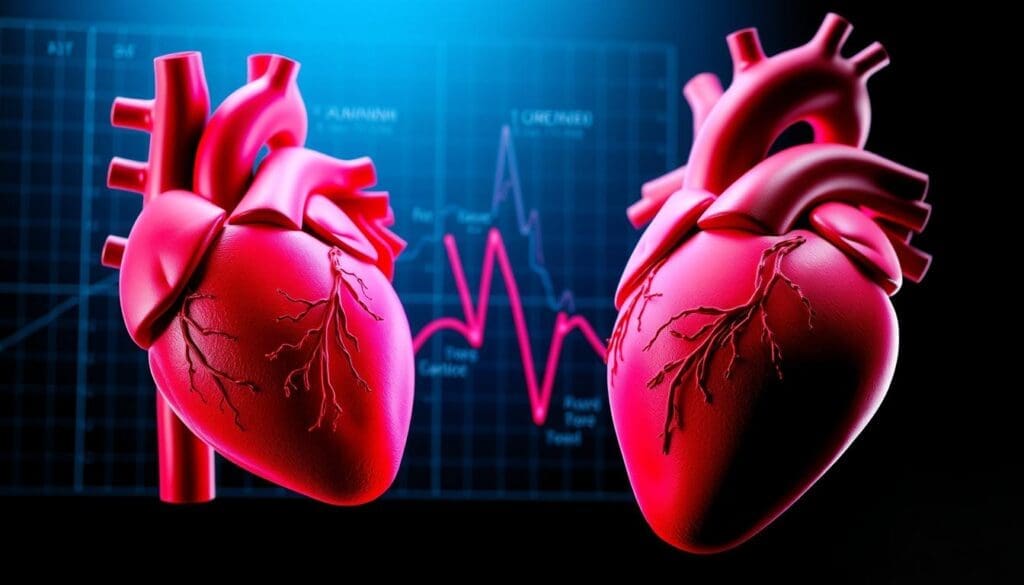 A high-contrast medical illustration depicting the anatomy and physiology of ischemic heart disease. The foreground shows a detailed cross-section of the heart, with the left ventricle and coronary arteries prominently featured. The middle ground highlights the blocked and narrowed coronary vessels, visualizing the restricted blood flow to the myocardium. In the background, a subtle grid or diagram provides technical context, complementing the anatomical specificity. The lighting is crisp and directional, emphasizing the 3D structure. The overall mood is clinical yet visually striking, reflecting the seriousness and complexity of the medical condition.