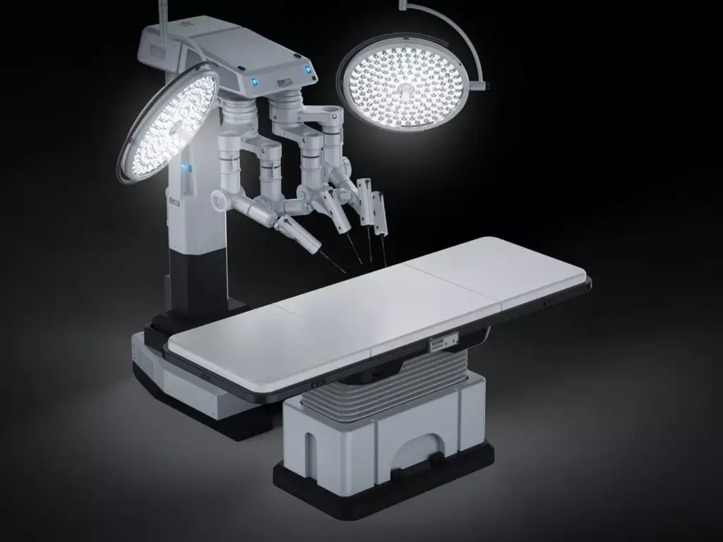 A high-fidelity 3D rendering of the Da Vinci robotic surgical system's advanced vision technology. In the foreground, a detailed view of the binocular endoscopic camera system, showcasing its precision optics and high-definition imaging capabilities. In the middle ground, the robotic arms and instruments, precisely controlled by the surgeon, seamlessly integrated with the vision system. In the background, a softly lit operating room, conveying the clinical atmosphere and the transformative power of this innovative surgical platform.