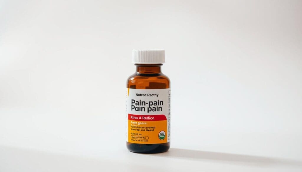 A high-quality photograph of the best over-the-counter pain reliever for knee pain, displayed on a clean white background. The medication bottle is positioned in the center, with a soft focus on the label and branding. The lighting is soft and diffused, creating a warm, natural ambiance. The angle showcases the bottle's shape and design, highlighting its key features. The overall mood is one of clarity, simplicity, and trustworthiness, conveying the product's effectiveness for relieving arthritis pain.