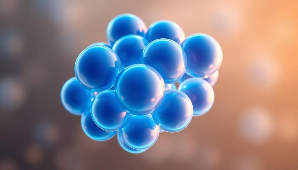 A high-resolution 3D illustration of a cluster of human pluripotent stem cells, with a vibrant blue hue and a translucent, glowing quality. The cells are arranged in a tight, organic formation, showcasing their characteristic spherical shape and smooth surfaces. The background is a soft, blurred gradient, creating a sense of depth and emphasizing the cells as the focal point. The lighting is warm and diffused, casting gentle shadows and highlighting the intricate details of the stem cells' structure. The overall composition conveys a sense of scientific elegance and the foundational importance of these remarkable cells.