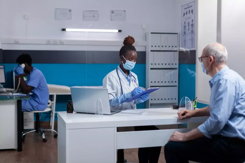 A high-resolution, detailed medical illustration depicting a stem cell transplant procedure for the treatment of acute myeloid leukemia (AML). The foreground shows a patient lying on an operating table, with a medical team performing the transplant. The middle ground highlights the various tools and equipment used, such as IV lines, monitoring devices, and transplant bags. The background features a clean, well-lit hospital room with medical equipment and diagnostic imagery displayed on screens. The overall scene conveys a sense of professionalism, precision, and the cutting-edge nature of this advanced cancer treatment.