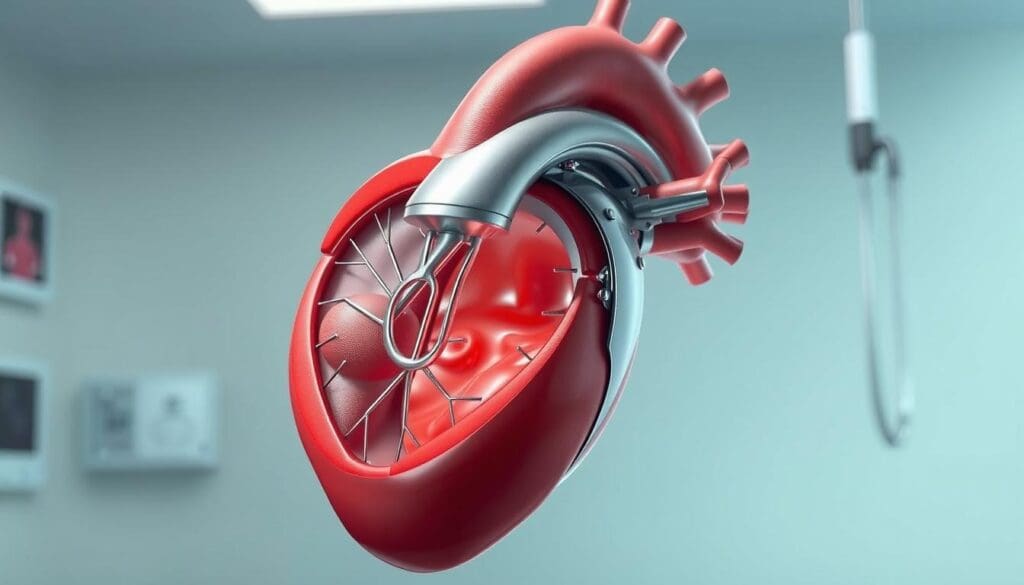 A high-resolution, detailed medical illustration of a mechanical mitral heart valve in function. The valve is shown in cross-section, with the blood flow path clearly visible. The metal struts and leaflets are rendered with precision, showcasing the intricate engineering of this prosthetic device. The scene is lit with soft, diffuse lighting to emphasize the technical and anatomical elements. The background is a clean, neutral medical environment, allowing the valve's structure and mechanism to be the central focus. The overall tone is informative and educational, conveying the complex yet elegant design of this mechanical heart valve.