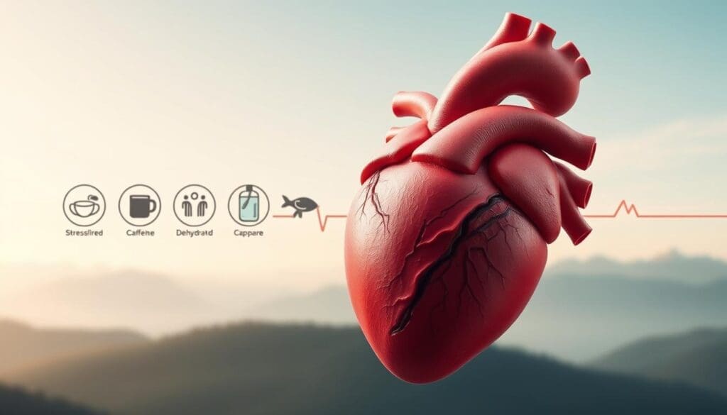 A high-resolution, photorealistic image showcasing the causes and symptoms of heart palpitations. The foreground features a detailed anatomical illustration of the human heart, highlighting the different chambers and valves. In the middle ground, a series of icons and symbols representing common triggers for palpitations, such as stress, caffeine, and dehydration. The background depicts a serene, minimalist landscape with soft lighting and a calming color palette to evoke a sense of tranquility. The overall composition conveys a clear and informative visual representation of the topic, suitable for an article on natural remedies for heart palpitations.