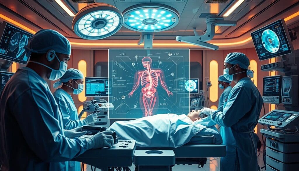 A high-tech operating room, bathed in a warm, surgical glow. In the foreground, a team of skilled surgeons intently focused on a state-of-the-art console, their hands deftly manipulating advanced robotic tools. The patient, cradled in a gleaming medical bed, is surrounded by a network of monitors and diagnostic screens displaying real-time data. In the middle ground, a holographic display projects a detailed 3D rendering of the patient's internal anatomy, allowing the surgeons to plan and guide their procedures with unprecedented precision. The background is a symphony of cutting-edge medical technology - sleek, futuristic devices, and intelligent algorithms working in concert to revolutionize the future of healthcare.