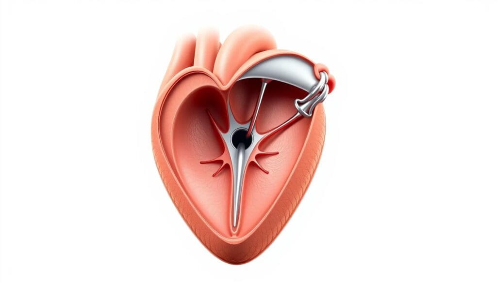 A highly detailed, anatomical cross-section of a human heart valve, showcasing its intricate structure and components. The valve is depicted in a neutral, medical illustration style, with a focus on accurately depicting the leaflets, annulus, chordae tendineae, and papillary muscles that facilitate the valve's opening and closing. The image is lit with soft, even lighting to highlight the valve's intricate geometry and textures, captured from an angle that provides a clear, unobstructed view. The background is a plain, off-white color, allowing the viewer to concentrate on the valve's complex anatomy without distractions.