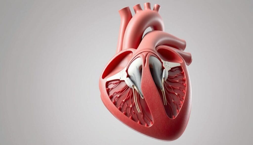 A highly detailed, anatomically accurate 3D cross-section illustration of the human heart, focusing on the aortic valve. The aortic valve is shown in the foreground, prominently featuring the narrowed, thickened, and calcified valve leaflets that characterize aortic valve stenosis. The middle ground shows the ascending aorta and surrounding cardiac structures in crisp, photorealistic detail. The background subtly fades into a plain, neutral setting to emphasize the valve pathology. Bright, diffused lighting illuminates the scene, creating soft shadows that enhance the depth and volume of the structures. The overall mood is clinical, educational, and informative, suitable for a medical journal article.