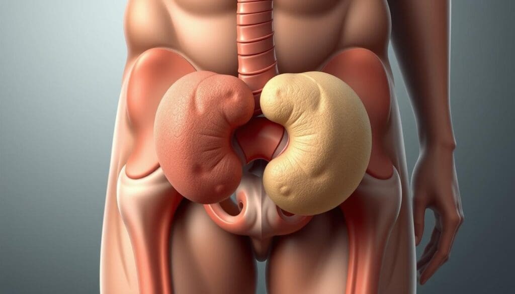 A highly detailed, anatomically accurate medical illustration of Benign Prostatic Hyperplasia (BPH). The image shows a cross-section of the male pelvic region, with the prostate gland prominently displayed. The enlarged prostate is clearly visible, obstructing the urethra and bladder. The illustration utilizes a muted color palette, emphasizing the clinical nature of the subject. The lighting is soft and diffused, creating a sense of depth and volume. The angle is slightly elevated, providing a clear, unobstructed view of the anatomy. The level of detail is extremely high, showcasing the intricate structures and textures of the prostate and surrounding tissues with photorealistic precision.