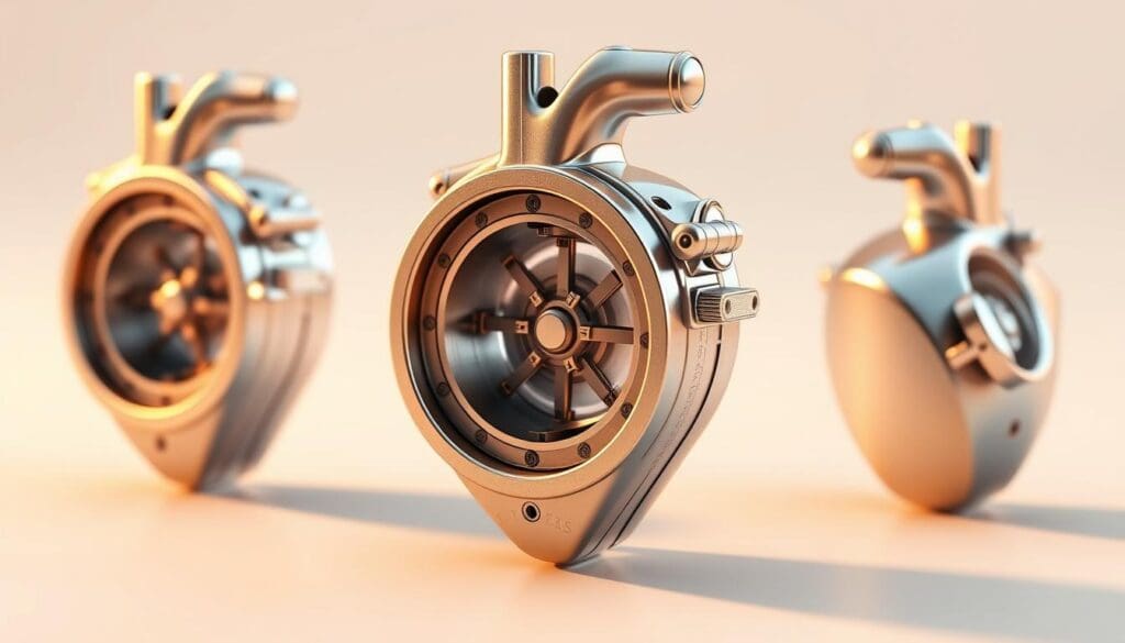 A highly detailed and scientifically accurate 3D render of a mechanical heart valve, showcasing its intricate metal structure and inner workings. The valve is depicted from multiple angles, with a crisp, high-resolution close-up view highlighting the precision engineering and robust design. The valve is bathed in warm, natural lighting, casting subtle shadows that accentuate its metallic sheen and convey a sense of technical sophistication. The background is a clean, neutral environment, allowing the mechanical heart valve to be the sole focus of attention, emphasizing its importance as a critical medical device.