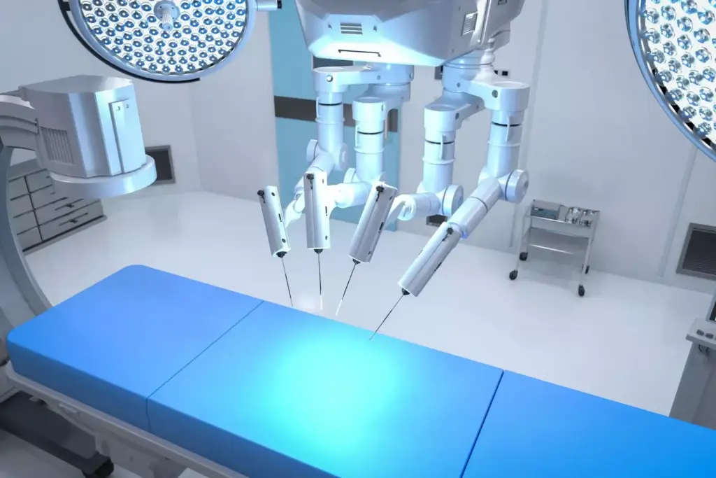 A highly detailed and technologically advanced robotic surgical system, the da Vinci Surgical System stands prominently in a sterile, well-lit operating theater. Sleek robotic arms with precise, nimble instruments are positioned over a surgical table, ready to assist skilled surgeons in performing complex, minimally invasive procedures. The system's sophisticated 3D vision and control mechanisms convey a sense of cutting-edge medical innovation, poised to transform modern surgical practices. Soft, neutral tones create a calming, professional atmosphere, while the intricate mechanical components suggest the system's powerful capabilities. The overall scene captures the da Vinci Surgical System's pivotal role in revolutionizing modern surgery.