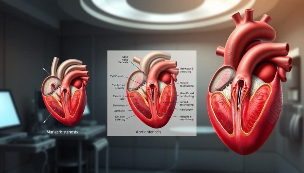 A highly detailed medical illustration showcasing the different types of aortic stenosis. The foreground presents a cross-sectional view of the aortic valve, highlighting the various degrees of stenosis, from mild to severe calcification and narrowing. The middle ground features labeled diagrams illustrating the specific anatomical features and mechanisms underlying each stenosis type. The background depicts a realistic, softly-lit clinical environment, with a sense of depth and emphasis on the technical precision required for accurate diagnosis and treatment planning. The overall mood is educational, informative, and visually compelling, suitable for a medical journal or educational resource.