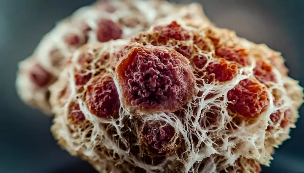 A highly detailed, photorealistic illustration depicting the microscopic structure of non-cancerous bone marrow disorders. The foreground showcases the varied cell types and morphologies characteristic of these conditions, with a focus on erythrocytes, granulocytes, and megakaryocytes. The middle ground reveals the intricate bone trabeculae and adipose tissue that provide the supporting framework. In the background, a subtle, muted color palette evokes the clinical atmosphere, while strategic lighting from above casts dramatic shadows to enhance the sense of depth and three-dimensionality. The overall composition conveys a sense of scientific precision and medical professionalism, suitable for educational and informational purposes.