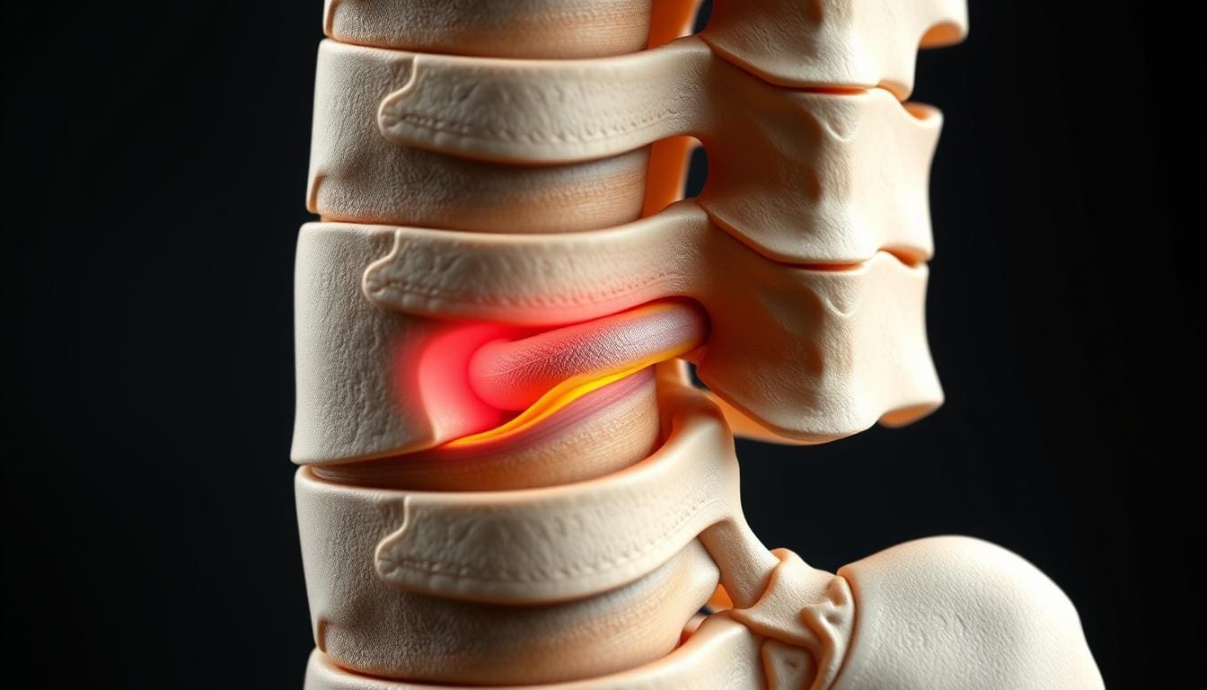A highly detailed, scientifically accurate anatomical cross-section of the lumbar spine, showcasing the compression of a spinal nerve root. The image should feature a crisp, photorealistic rendering of the vertebrae, discs, and surrounding spinal structures, with a focused emphasis on the compressed nerve in vivid detail. Employ realistic lighting and depth of field to create a clear, informative visual aid. The overall mood should be educational and clinical, conveying the technical nature of the subject matter. Avoid any stylization or embellishments, aiming for a purely factual, medical illustration style.