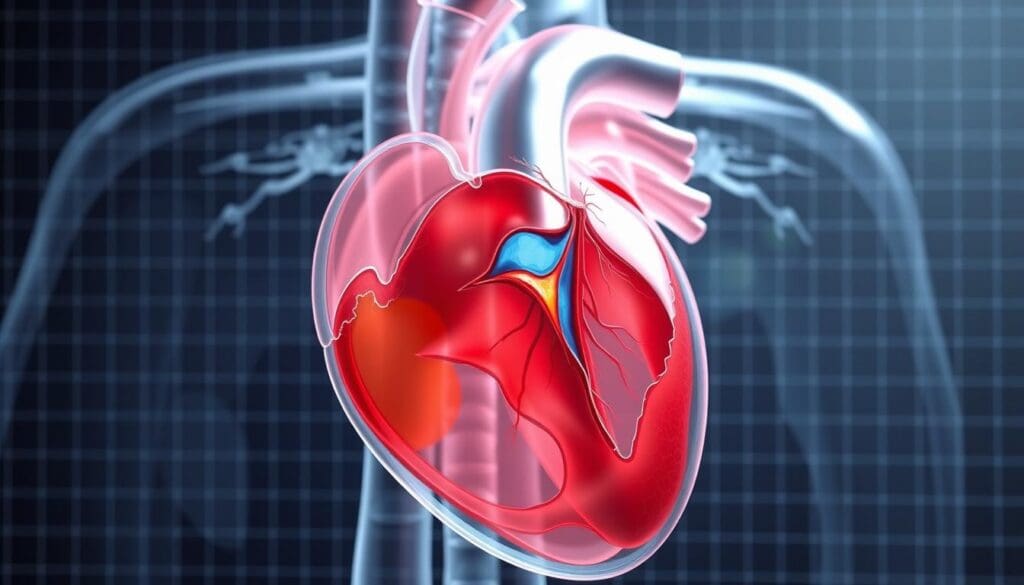 A highly detailed, scientifically accurate medical diagram depicting the prevalence of aortic stenosis. The image should showcase a transparent anatomical cross-section of the human heart, with the aortic valve area highlighted and color-coded to indicate the severity and distribution of stenosis across different age groups. The background should feature a subtle grid or graph-like overlay to convey the epidemiological data, rendered in a realistic, clinical style with a focus on precision and attention to detail. Lighting should be soft and diffuse, creating a sense of depth and dimensionality. The overall tone should be educational and informative, designed to effectively illustrate the section on the epidemiology of aortic stenosis.